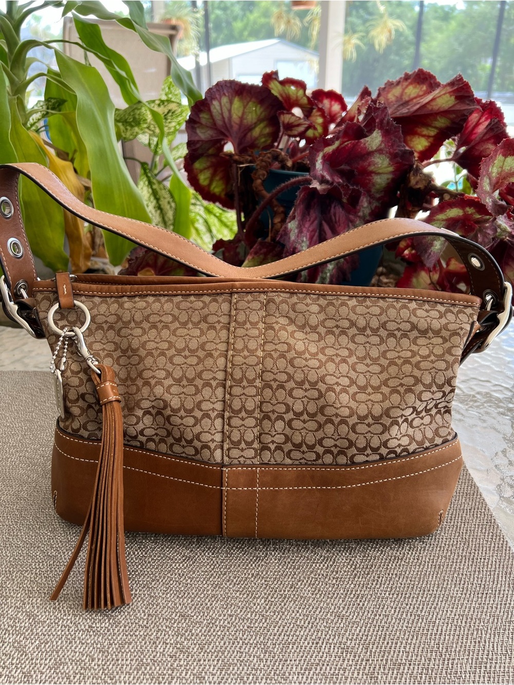 Coach Brown Signature Canvas Shoulder Bag with Leather Tassel - Picture 2 of 9